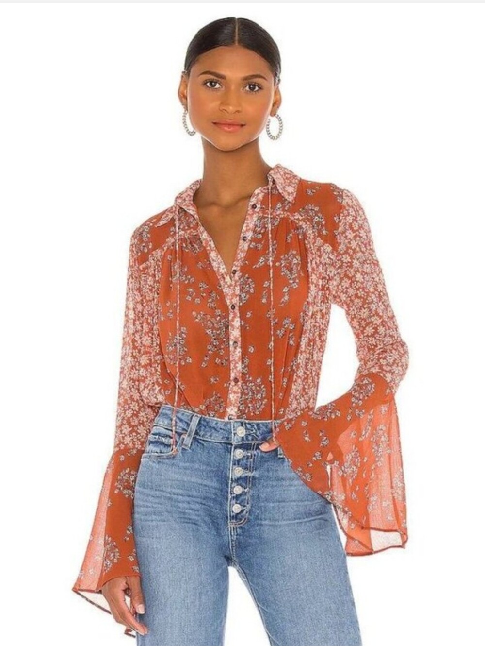 Free People Women's Rust Floral Button-Front Blouse_ Bell Sleeves_XS